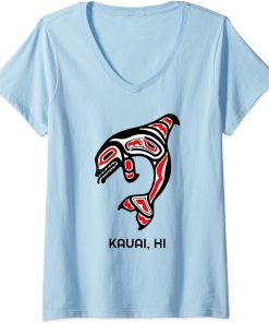 Womens Kauai HI Native Aboriginal Orca Killer Whales V-Neck T-Shirt