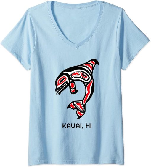 Womens Kauai HI Native Aboriginal Orca Killer Whales V-Neck T-Shirt