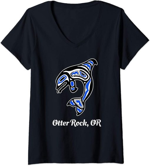 Womens Blue Native American Otter Rock OR Tribal Orca Killer Whale V-Neck T-Shirt