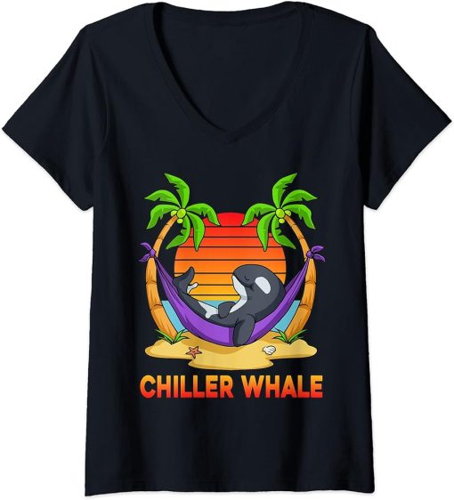 Womens Retro Chiller Whale Funny Orca Chilling Ocean Vintage Whale V-Neck T-Shirt