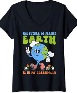 Womens Retro Groovy Earth Day Teachers Classroom Environment Funny V-Neck T-Shirt