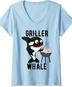 Womens Funny whale griller whale fun bbq barbecue orca whale fish V-Neck T-Shirt