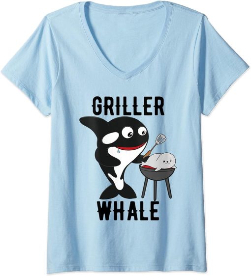 Womens Funny whale griller whale fun bbq barbecue orca whale fish V-Neck T-Shirt